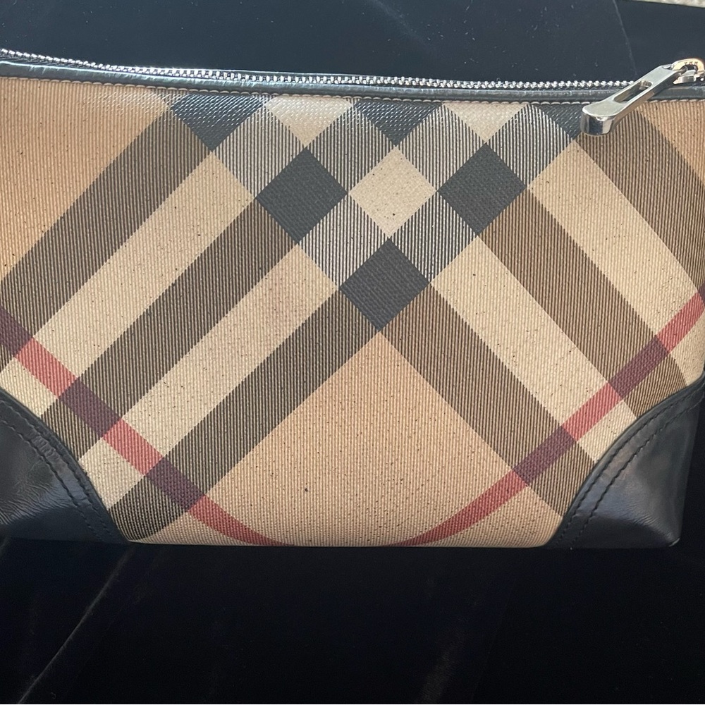 Burberry Tan and Black Toiletry Bag with Iconic Check Pattern 8.5x6